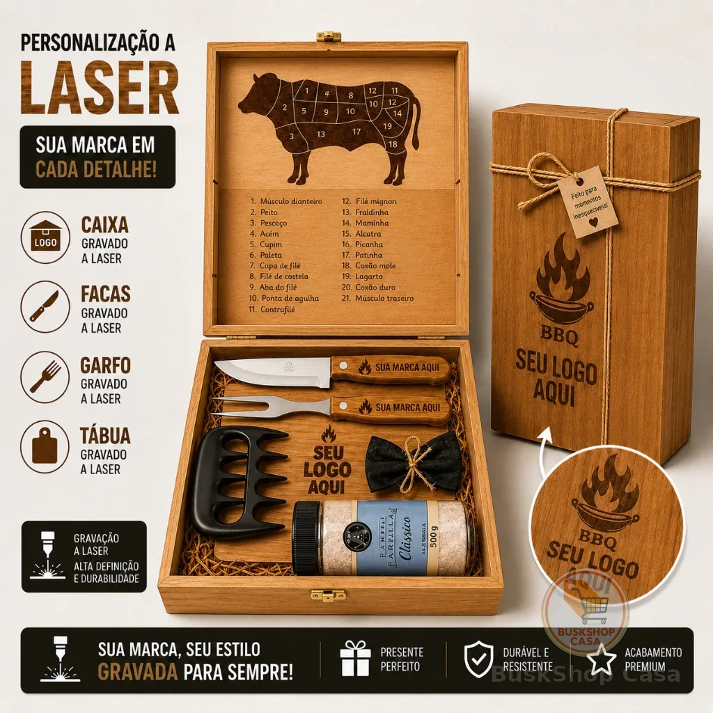 Kit Churrasco BBQ Premium Com Maleta em Madeira | Presente Ideal - PERSONALIZE COM NOME OU LOGO!