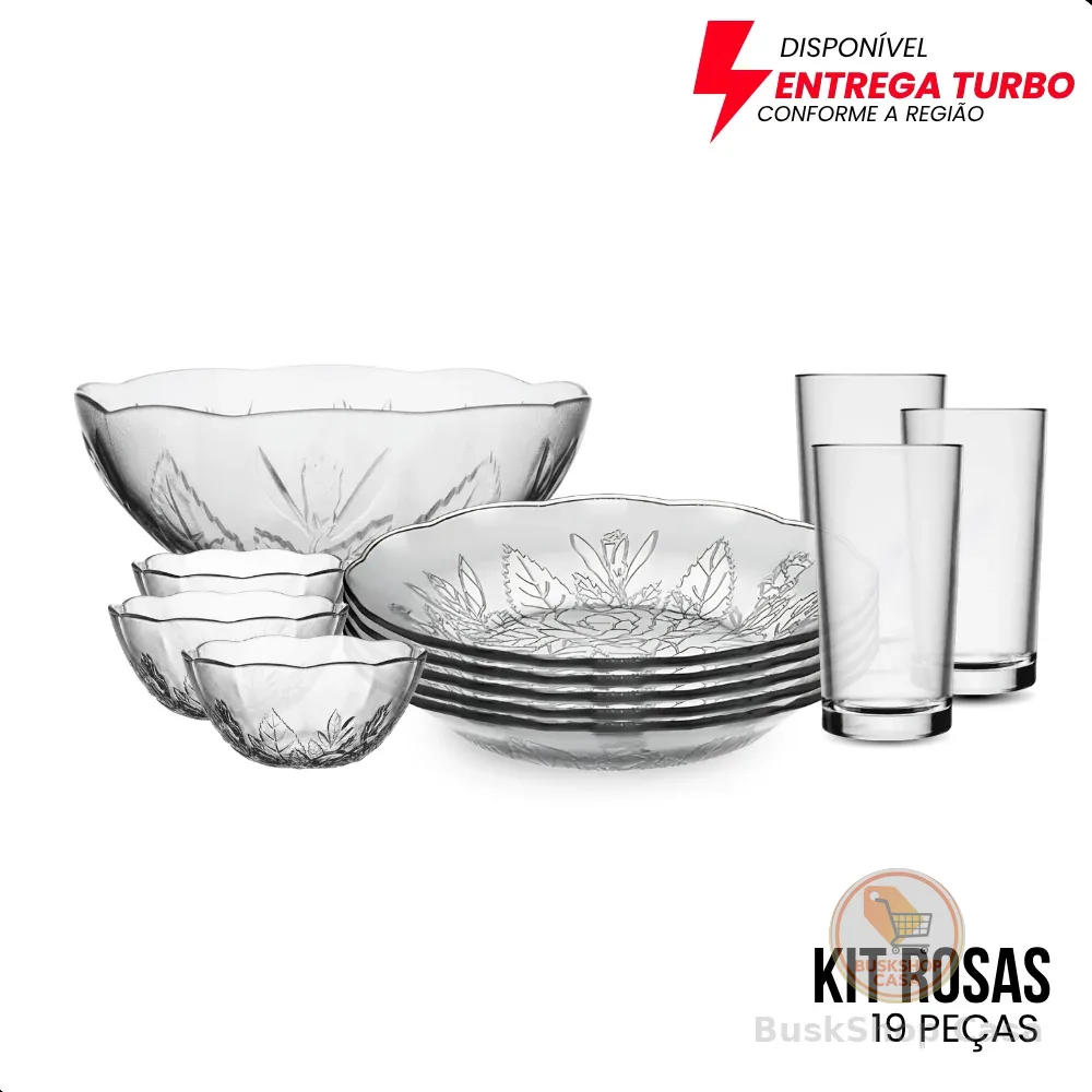 Aparelho de Jantar 19 Peças Pratos Copos Tigelas Saladeira Vidro Elegante Completo Mesa Posta