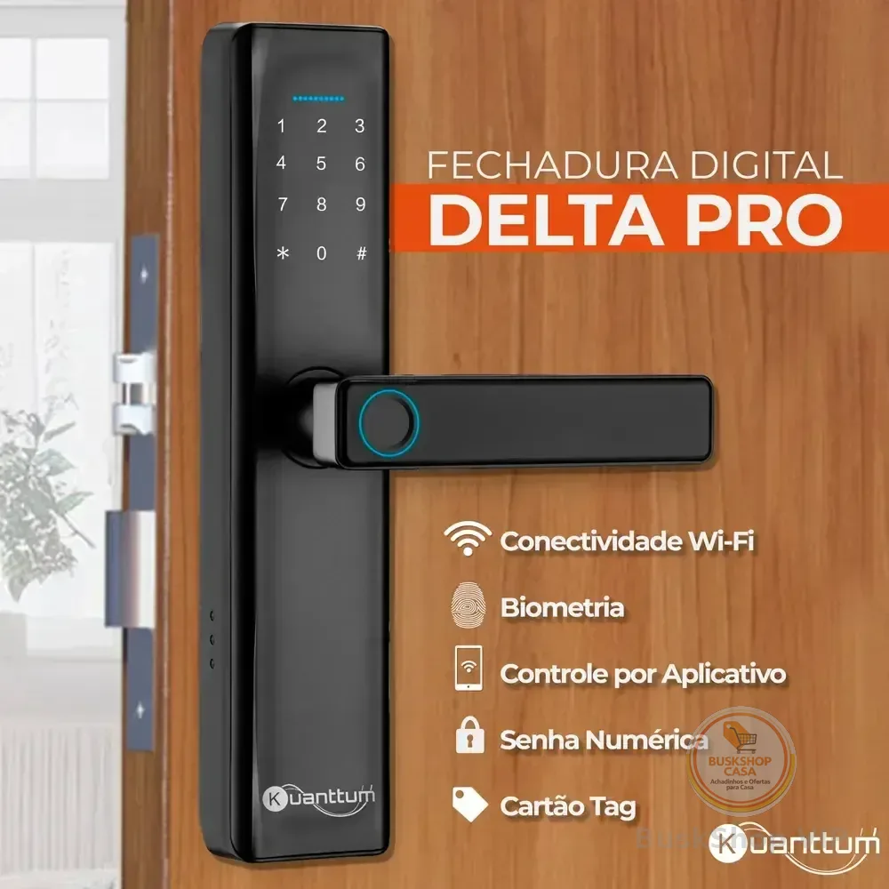 Fechadura Digital Biométrica Kuanttum Delta Pro Wifi Senha App Tuya Preta Preto