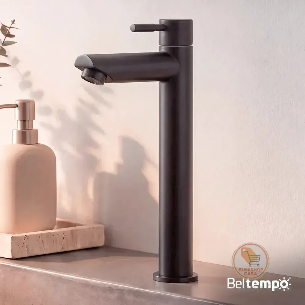 Torneira Para Banheiro De Mesa Bica Alta 1/4 De Volta Aço Inox 304 Preta Fosca Elegance Beltempo