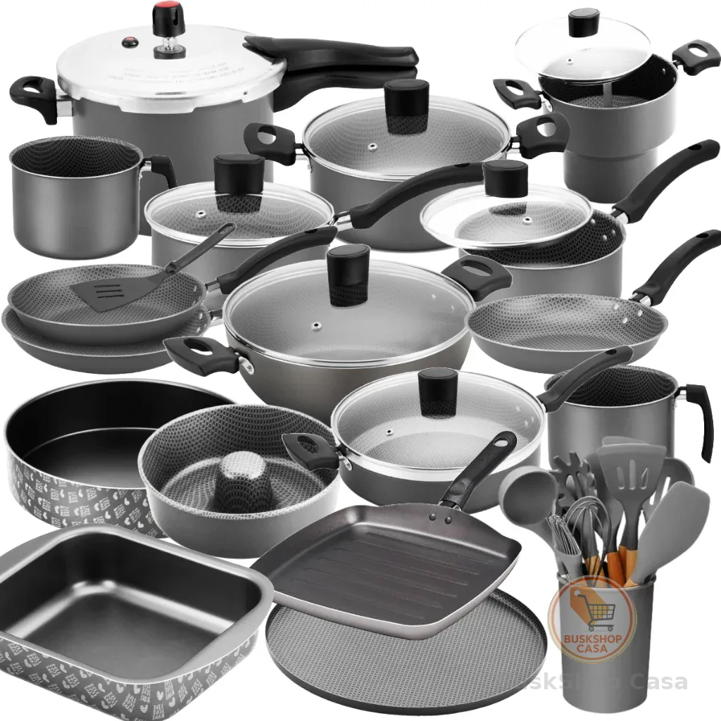 Jogo De Panelas Teflon Cinza 30pç + Formas + Cuscuzeira + Utensilios + Frigideira + Wok + Cuscuzeira