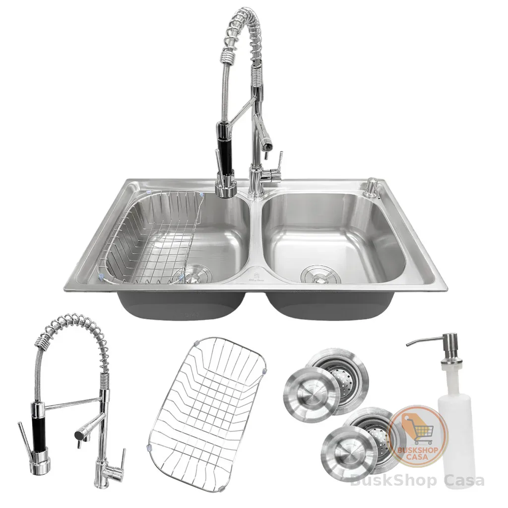 Kit Cuba Dupla Gourmet Cozinha Aço Inox 78x43 e Torneira Monocomando Luxo Completo