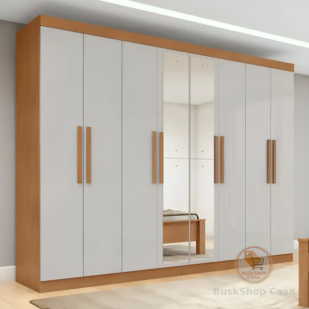 Guarda-roupa Casal Easy Slim 8 Portas C/ Espelho Amendoa/off Amêndoa Clean/off White