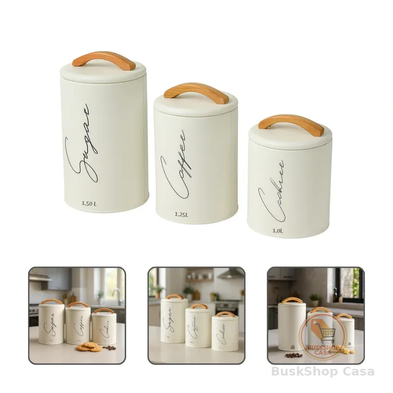 Kit 3 Potes Herméticos Mantimentos Lata Com Tampa E Alça Em Bambu Açúcar Café E Cookies