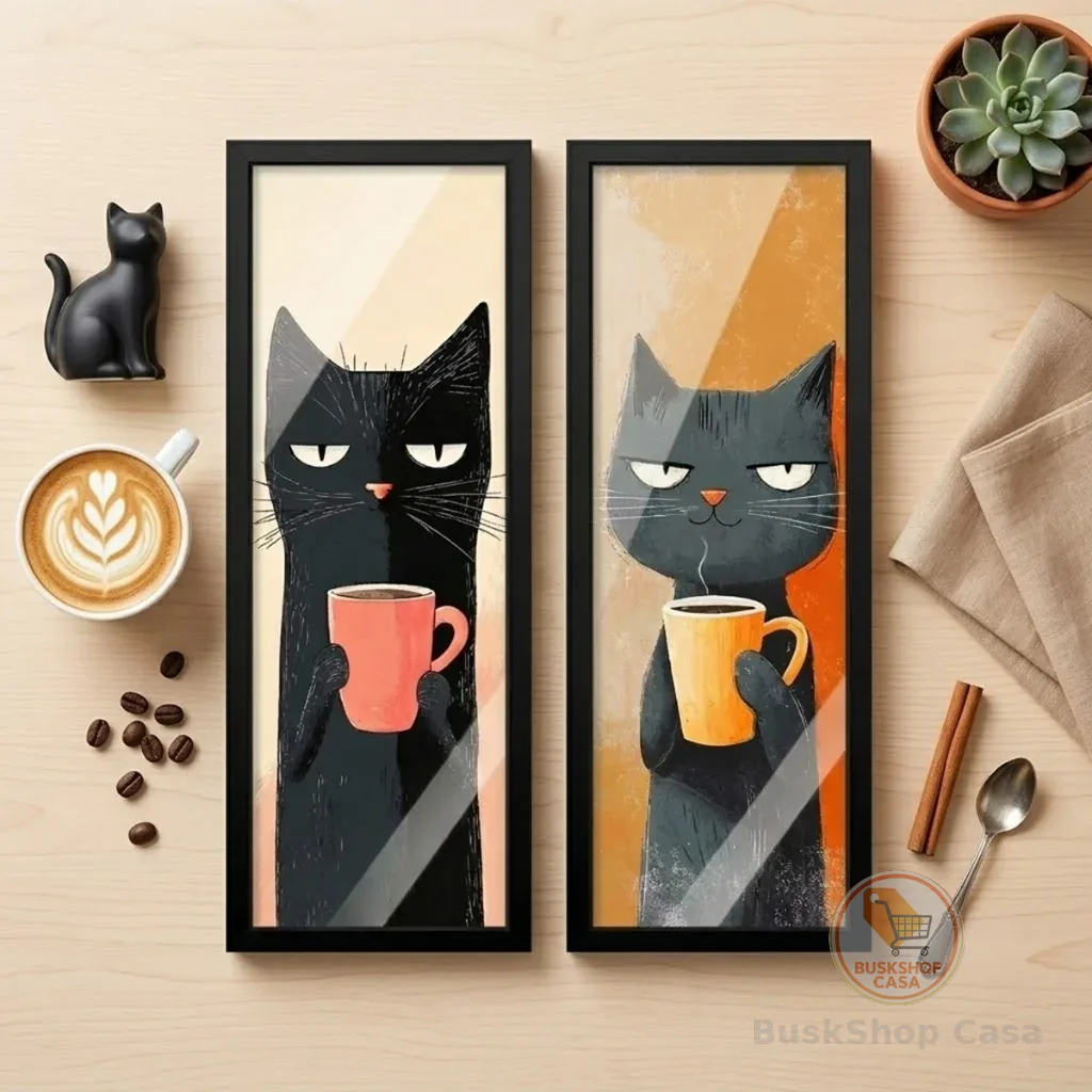 Kit 2 quadros 18x45 cm, cozinha, cantinho do café, gatos, moldura e vidro