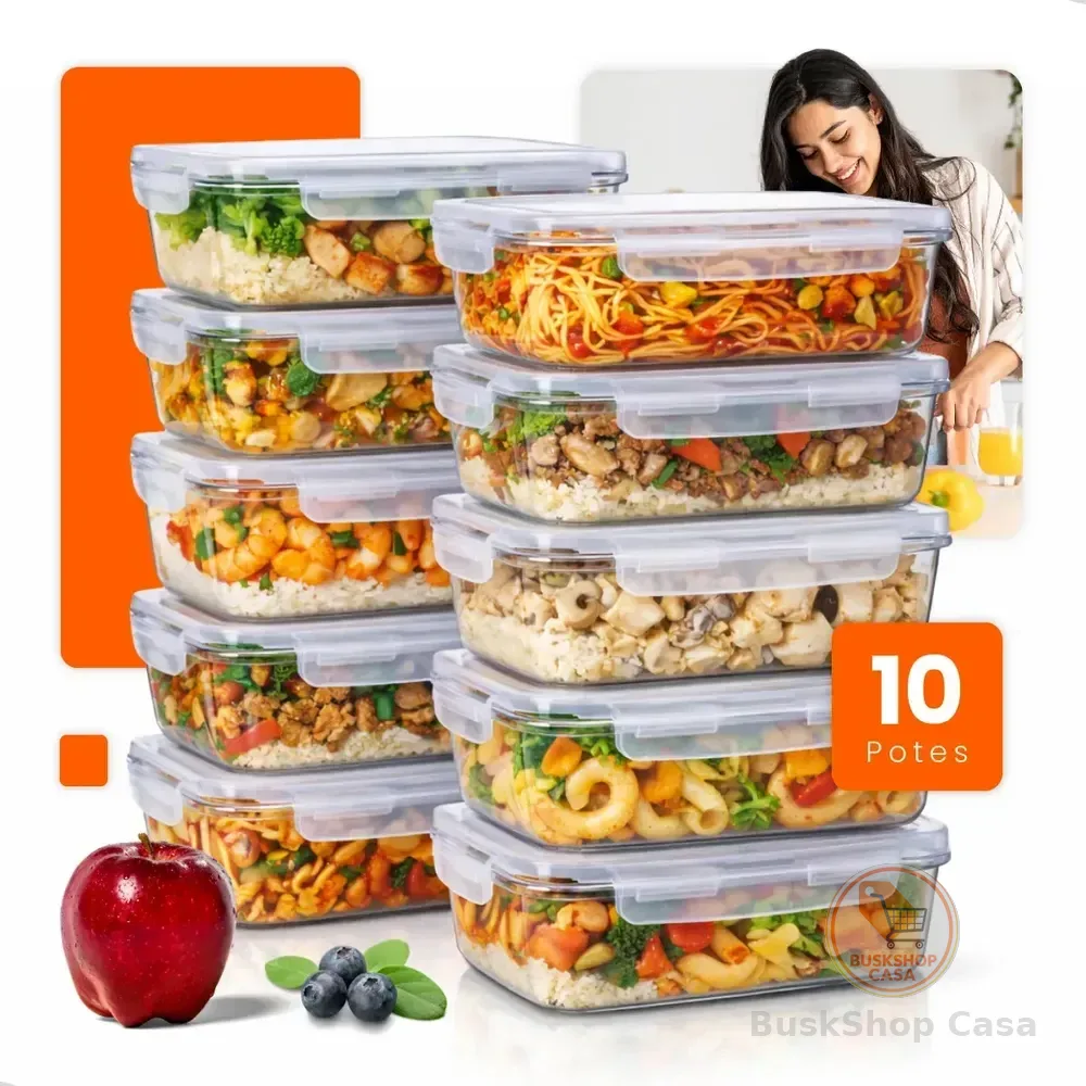 Kit 10 Potes De Vidro Hermético 640ml Marmita Fitness 4 Travas Não Vaza Freezer Micro-ondas Forno Bpa Free Hold On