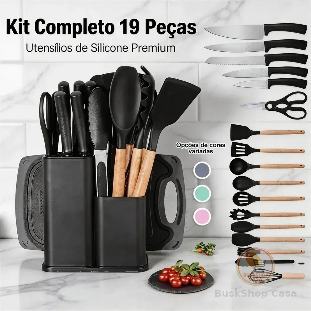 Kit 19 Utensílios Para Cozinha Com Tábua E Espátula Preto