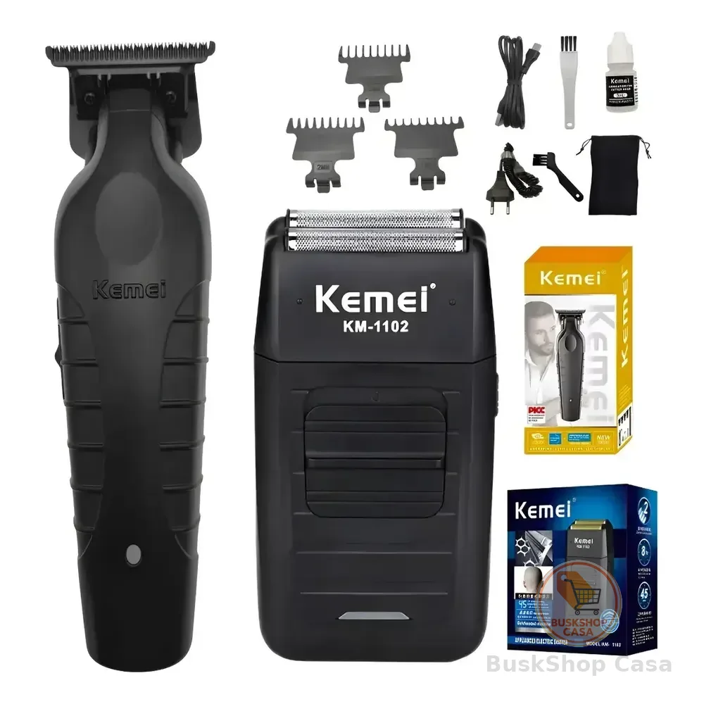 🛍️Kit Kemei Máquina de Corte KM-2299 e Acabamento KM-1102 Bivolt