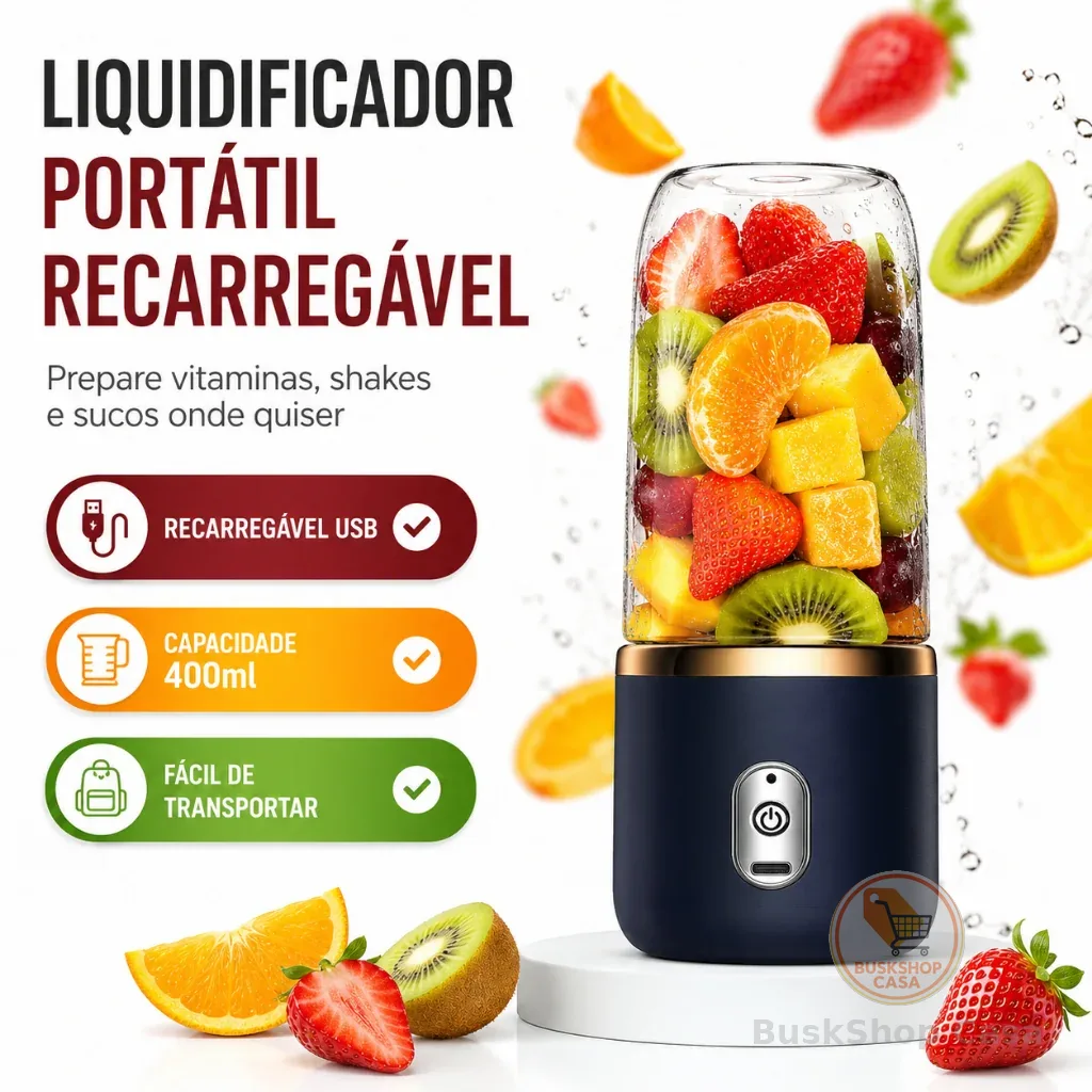 Mini Liquidificador Portátil 400ml Recarregável USB para Vitaminas e Smoothies
