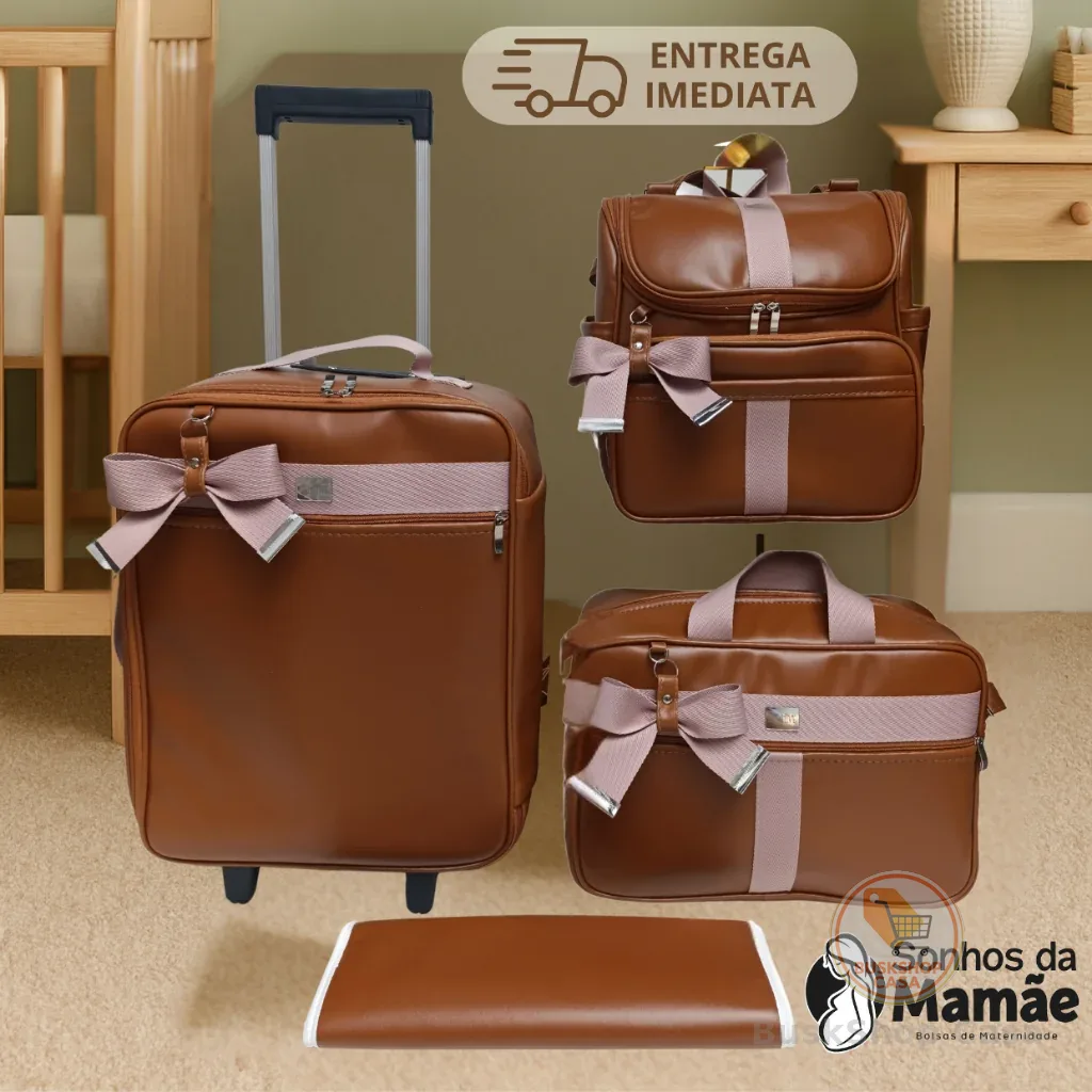kit bolsa maternidade mala rodinha mochila 2 em 1 caramelo faixa rosê