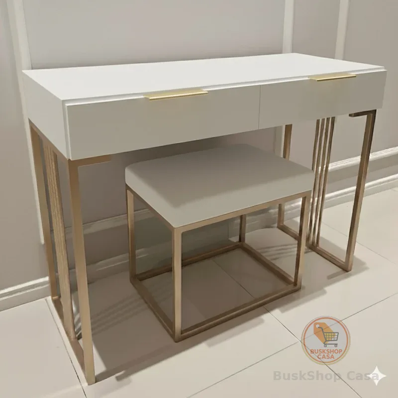 Penteadeira escrivaninha moderna branca 100% MDF com detalhes e estrutura metálica dourada/champagne LUXO no