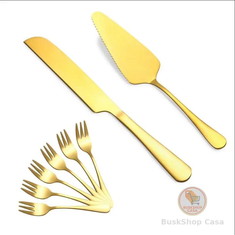 Conjunto Pá e Faca Dourada Inox + Garfos Sobremesa Luxo Tortas Pizza Bolos Sobremesas