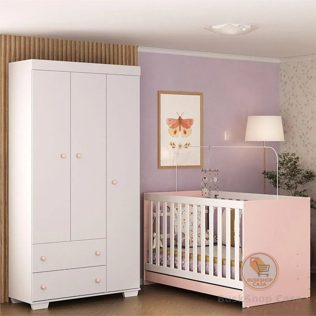 Quarto Infantil com Berço 3 em 1 e Guarda-Roupas Algodão Doce Multimóveis MP4247