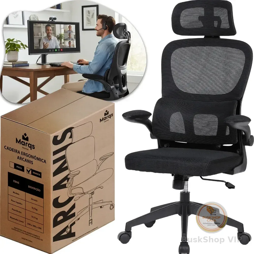 Cadeira Escritório Presidente Ergonômica Marqs Home Arcanis Preta Com Apoio Lombar E Encosto Em Mesh Preto Malha