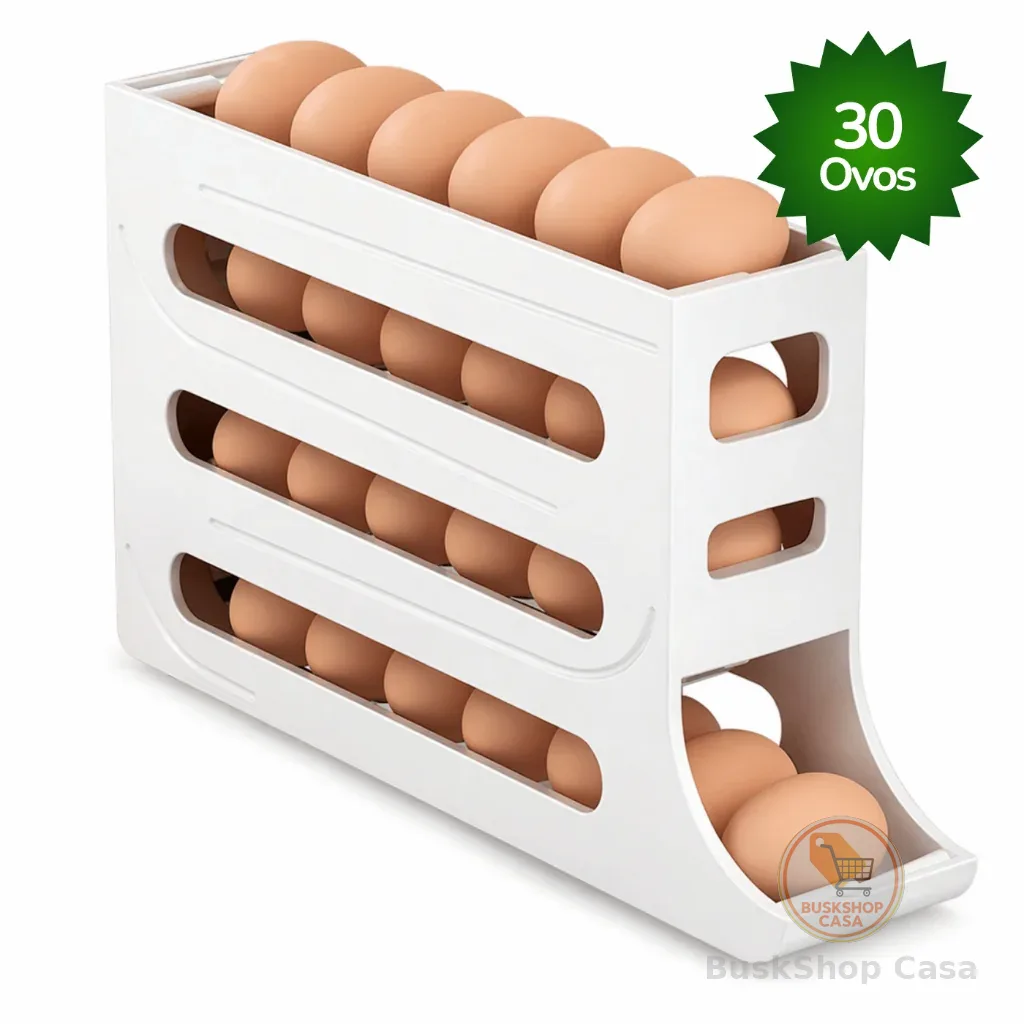 Porta Ovos dispenser 4 Andares Branco Rolante em Plástico para Geladeira Organizador 30 Ovos
