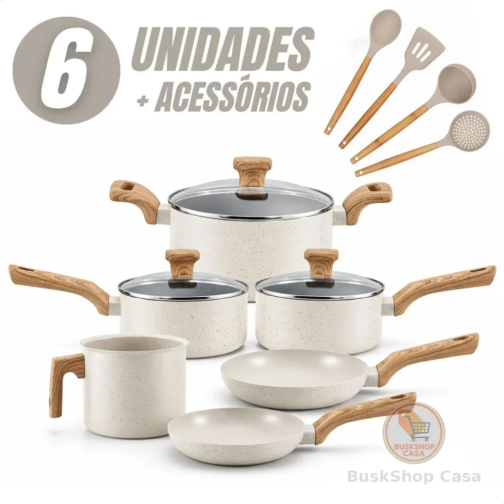Jogo de Panelas 6 Peças Antiaderentes com Tampa de Vidro Temperada com 4 Utensílios de Cozinha