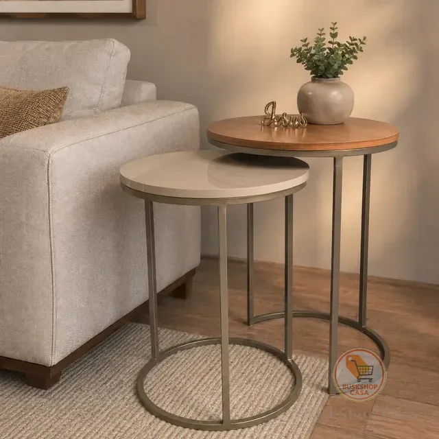 Duo Lateral De Mesas Auxiliar Champanhe Com Mdf Off White