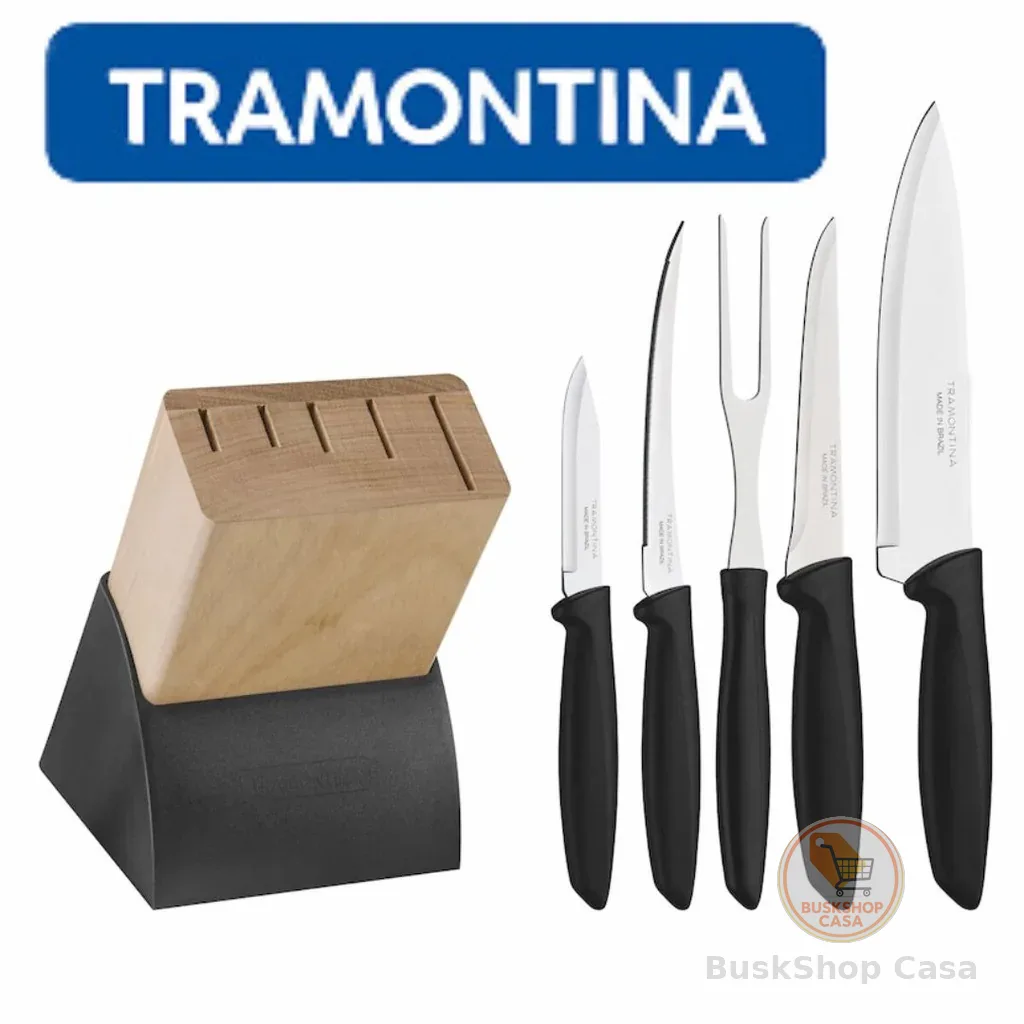 JOGO DE FACAS TRAMONTINA 6 PEÇAS PLENUS LAMINA DE AÇO INOX E CEPO DE MADEIRA
