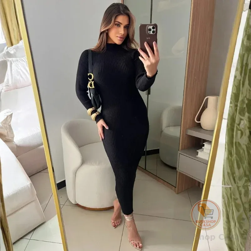 Vestido com manga anastacia canelado fio modal premium outono e inverno