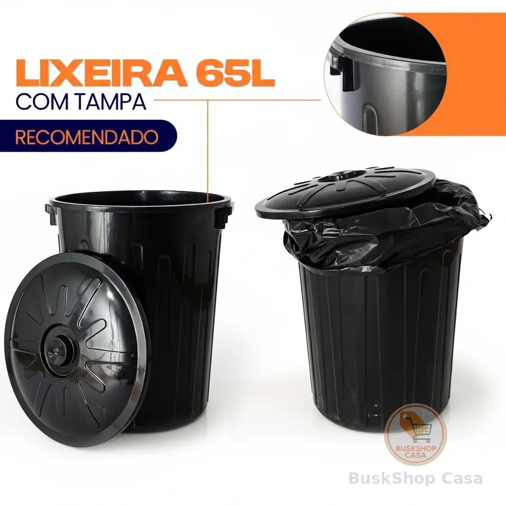 🧡 Lixeira 65 Litros Grande Redonda Multiuso Com Tampa Preta