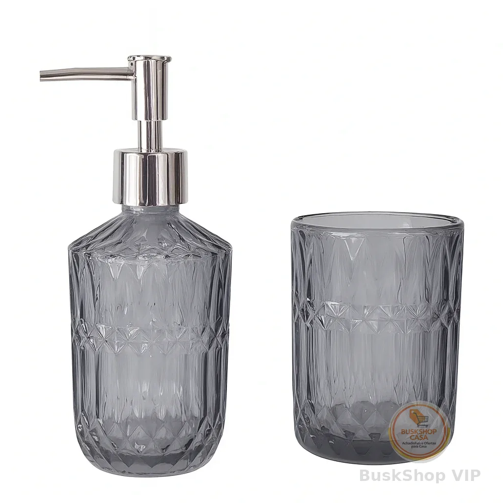 Kit Banheiro e Lavabo 2 Peças Em Vidro com Dispenser Sabonete Líquido e Copo para Escova
