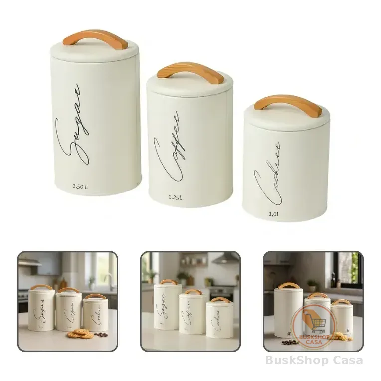 Kit 3 Potes Herméticos Mantimentos Com Tampa Alça Moderno Cor Creme