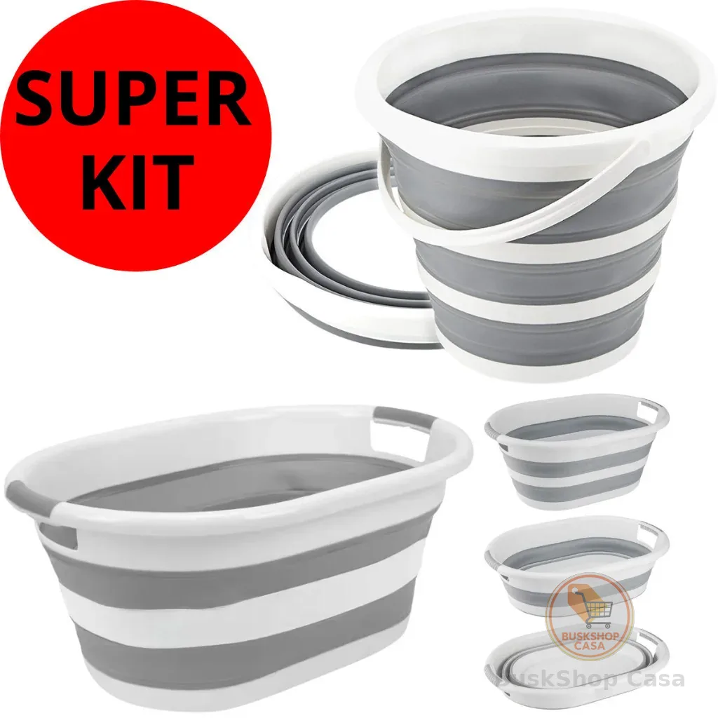 Kit Com Balde Retrátil 10 Litros E Cesto Dobrável 26 Litros Silicone Resistente Com Alça Powermaid