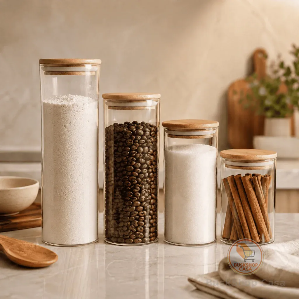 Potes Vidro Herméticos Tampa Bambu Kit 4 Peças Mantimentos Temperos Cozinha Organizador CHEF D