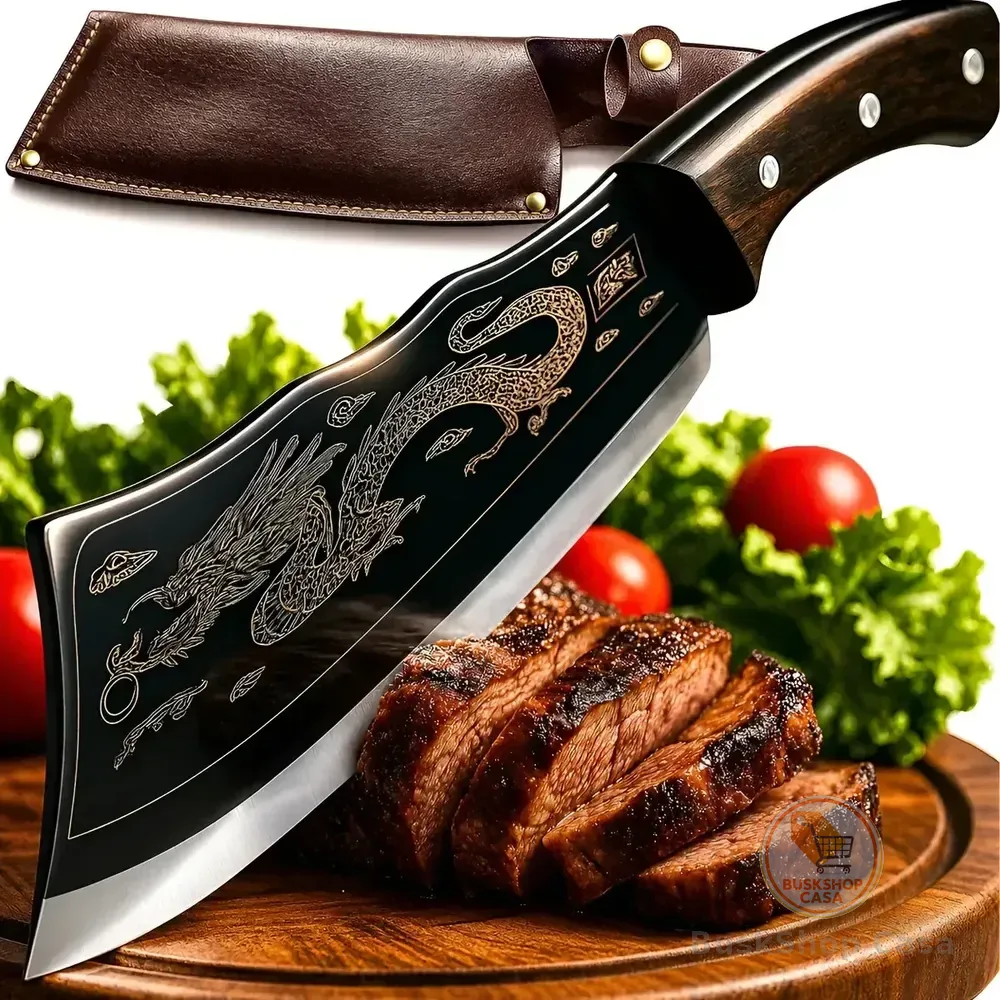 Faca Cutelo Dragão Artesanal Luxo Full Tang Rústica Ultra Afiada Aço Inox Com Bainha Churrasco Pesca Cozinha Carne Sushiman Cutelaria Coleção 12 Polegadas