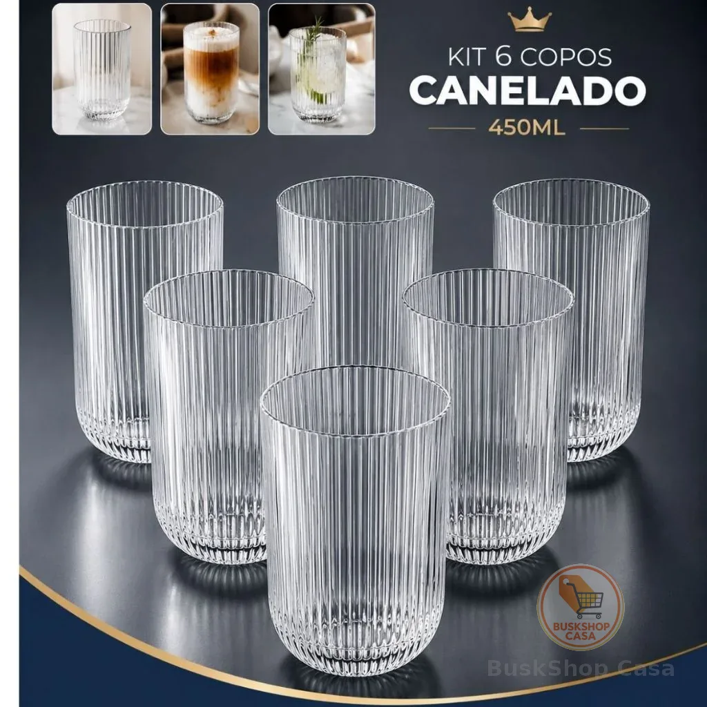 Jogo 6 Copos Vidro Canelado 450ml Luxo Elegante Transparente Resistente Design Premium Mesa Posta