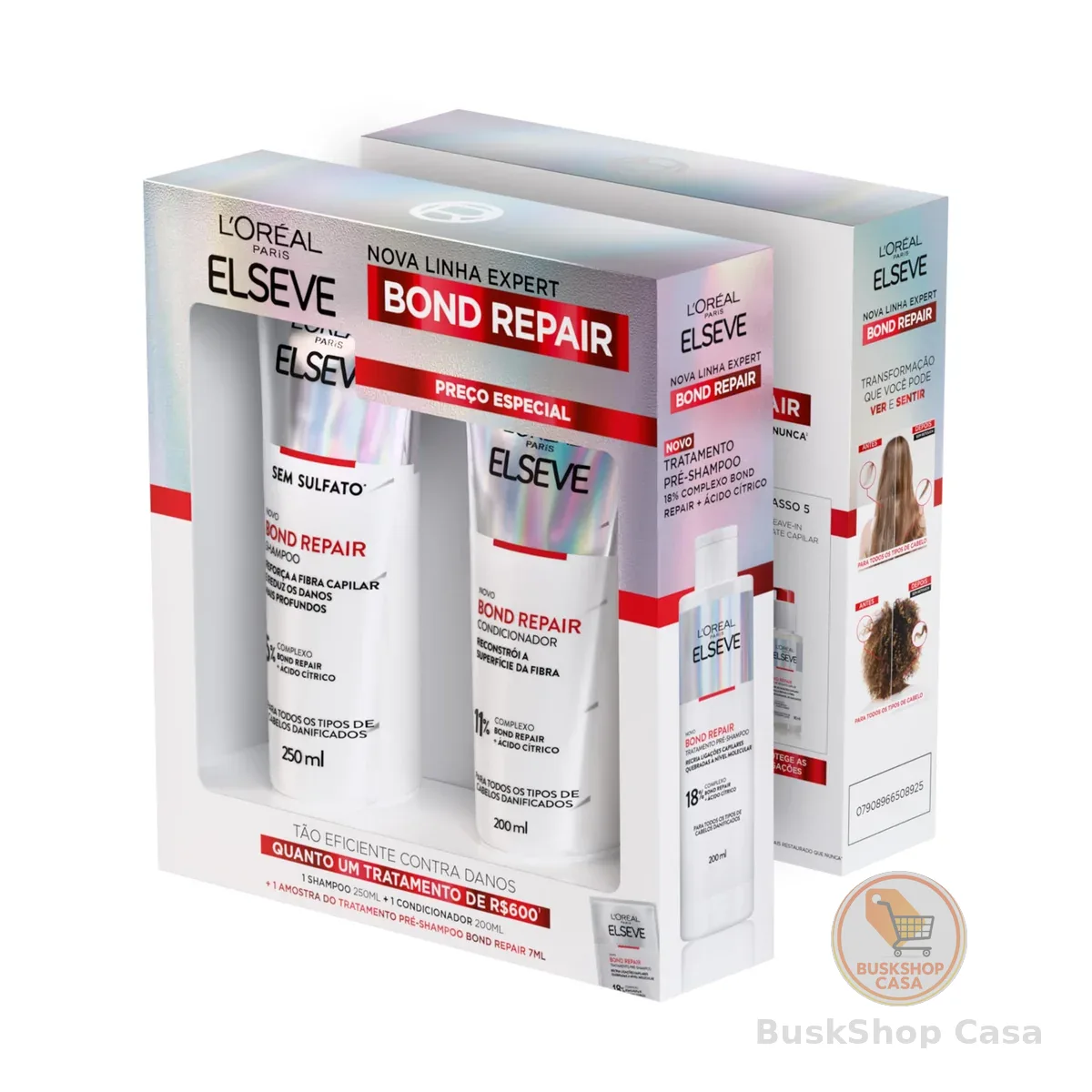 L'Oréal Paris Elseve Bond Repair Kit Reparação Molecular com Ácido Cítrico para Cabelos Danificados, Reconstrói Ligações e Devolve Força (Shampoo + Condicionador + Sachê Pré-Shampoo)