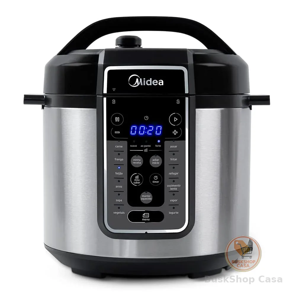 Midea Panela de Pressão Elétrica 6L com 12 receitas pré-programadas, 3 níveis de pressão e display digital, silenciosa e segura com 10 recursos de segurança, 220V