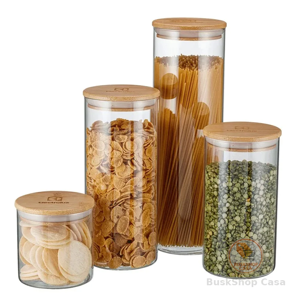 Electrolux Kit 4 Potes de Vidro Herméticos Porta-Mantimentos com Tampa de Bambu, Tampa Vedação de Silicone, Organizadores de Cozinha e Despensa, Transparente, Porta Alimentos, Grãos e Cereais