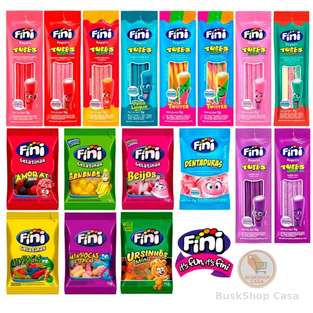 Kit C/100un Balas Fini Sabores Variados Balas de Gelatinas Tubes Cítricas Azedinhas 15g