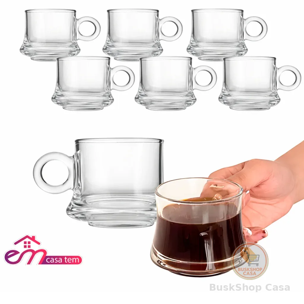 Jogo de 12 Xícara Robusta Lisa Elegante Vidro Temperado 85ml Caneca Café Decorativa Resistente