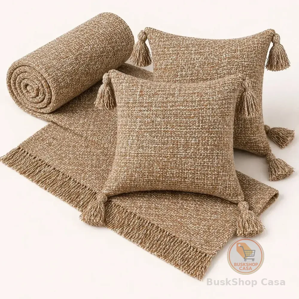Kit Manta Para Sofá Viena + 2 Capas De Almofada 45x45 Algodão Decoração E Conforto Caramelo Mesclado Geométrico