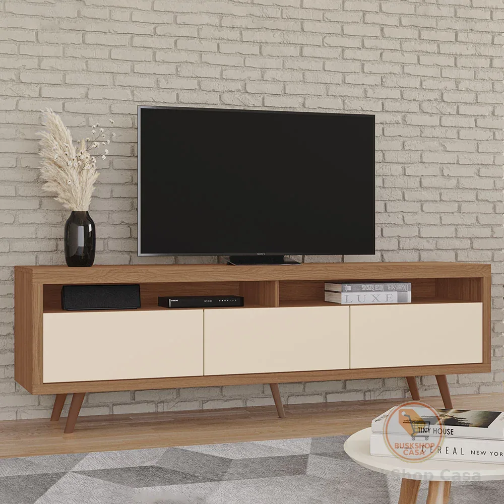 Rack Vanessa 100% MDF 3 Portas Basculantes Pés Retrô para TV até 55"