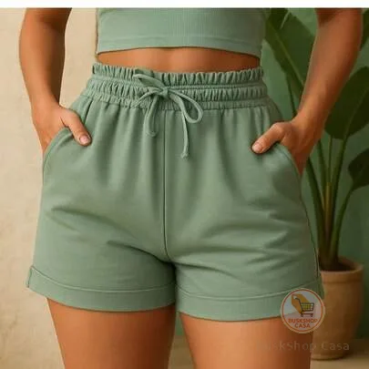 Shorts de Moletom Feminino Short com Bolso Básico Moletinho Cintura Alta Bermuda Feminina Verde Preto Branco Marrom Bege