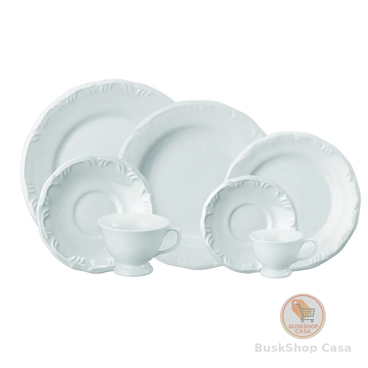 Serviço de Jantar Chá Café 42 peças em Porcelana. Modelo Redondo com Relevo Pomerode. Branca. Fabricado pela Schmidt.