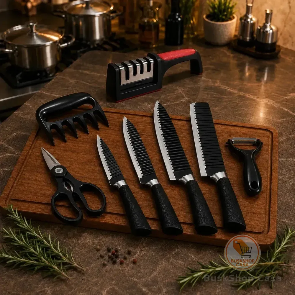 Kit Jogo De Facas Inox Conjunto 9 Peças Cozinha Churrasco Tesoura Descascador Tabua Brinde Aquattro