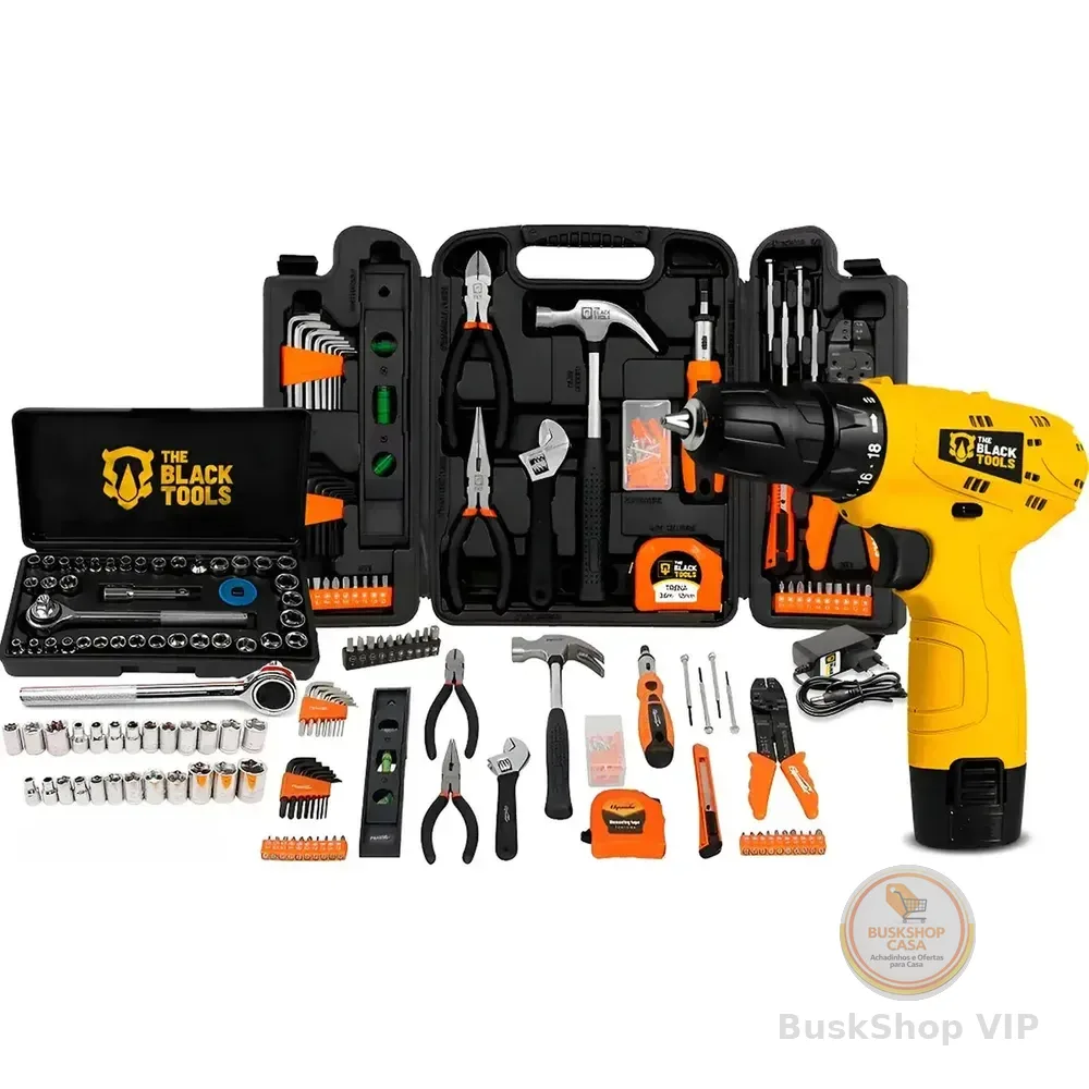 Kit Jogo Ferramentas 169 Peças Soquetes + Parafusdeira 12v Amarelo E Preto