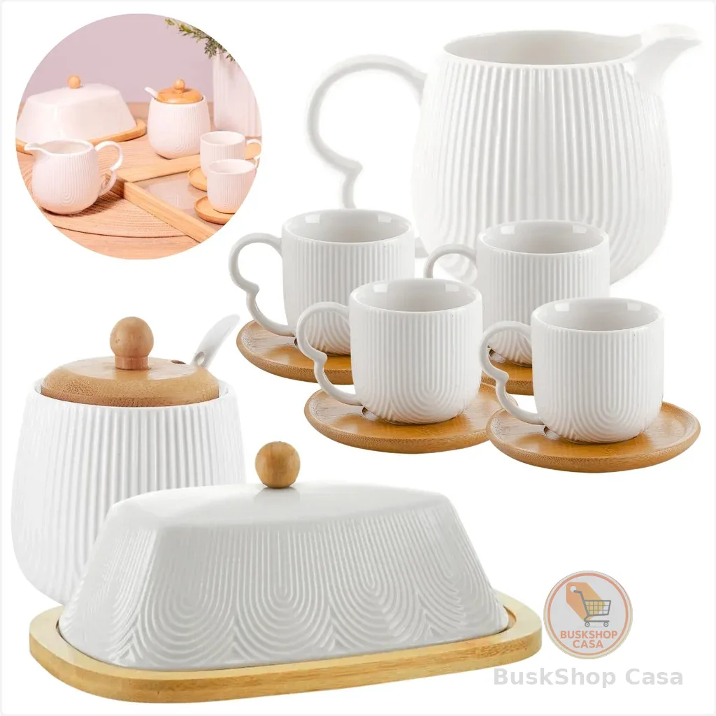 🧡 Kit Oasis de Ceramica com Xicara 90ml Jogo  com Manteigueira,Açucareiro e Cremeira em Bambu Cantinho Café,Chá da Tarde