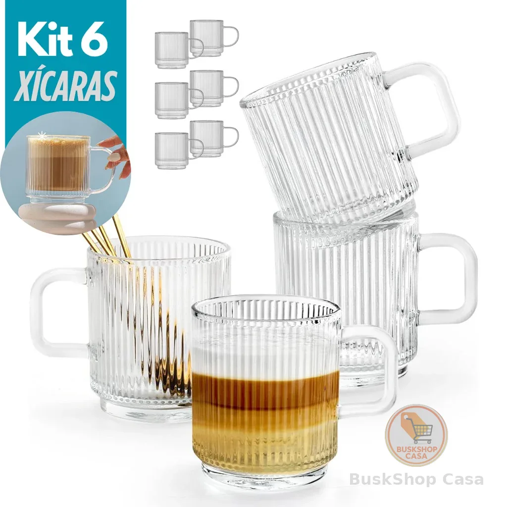 Conjunto 6 Canecas de Vidro Caneladas Xícaras Resistentes Textura Canelado Café