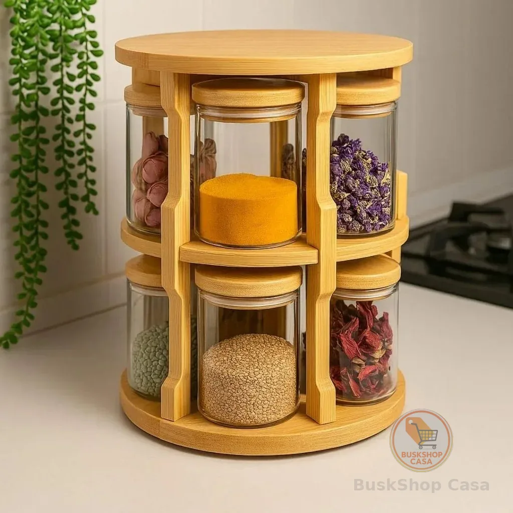 🧡 Porta Temperos Condimento Giratório 10 Potes Vidro Tampa Bambu Hermético 250ML Suporte ​Organizador