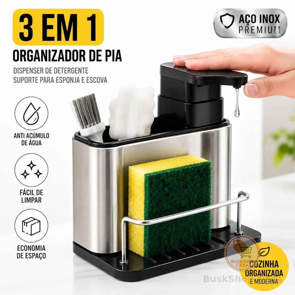 Organizador de Pia 3 em 1 em Aço Inox com Dispensador de Detergente e Suporte para Esponja