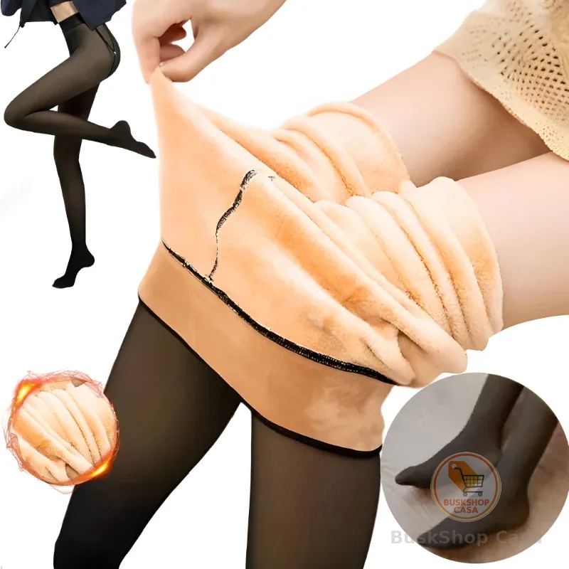 Meia-Calça Térmica Feminina Plus Size M-GG Forrada Peluciada Translúcida de Lã  Super Elástica Slim Com Pé 240Gramas