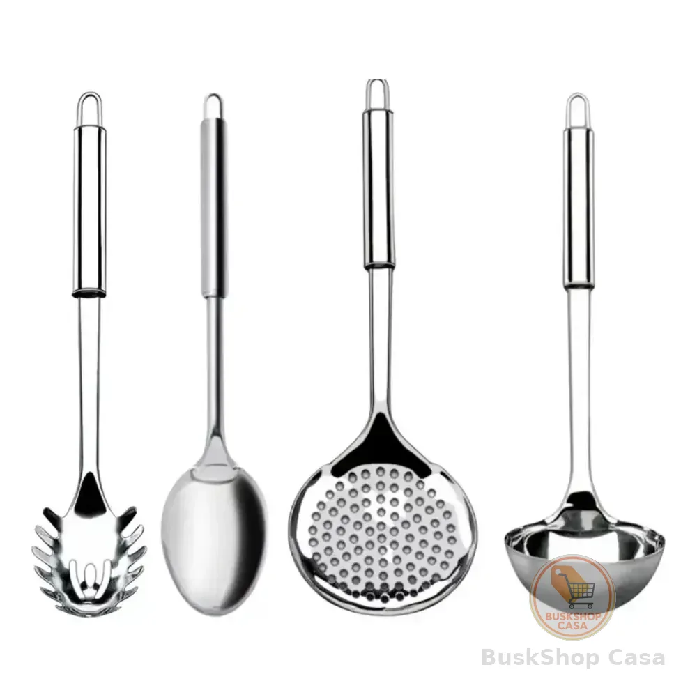 Kit 4 Utensílios Inox Cozinha Colher Concha Escumadeira Prateado
