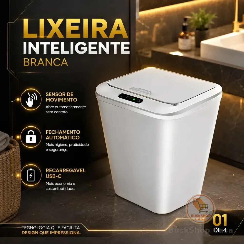 Lixeira Inteligente Automática Branca Universal Com Sensor Hearbuds Recarregável Anti Odor 16l Branco