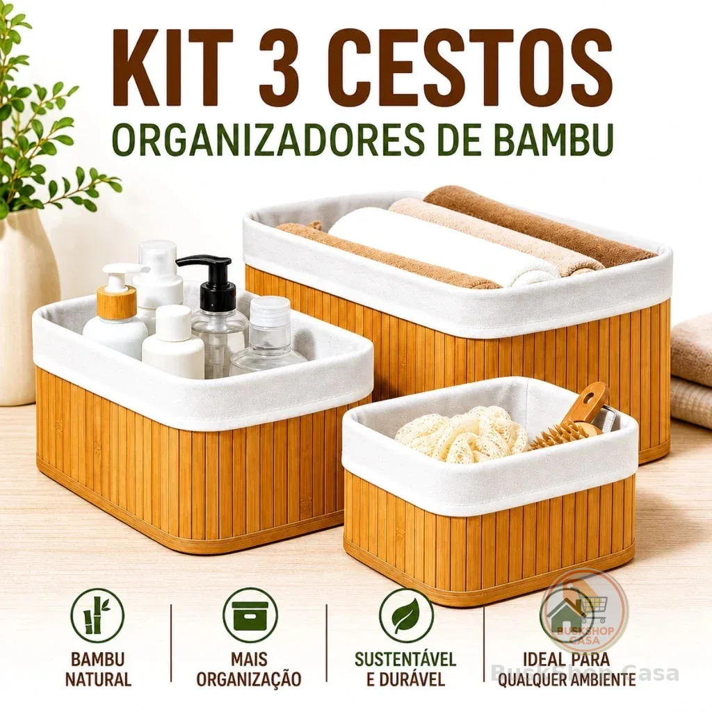Kit 3 Cestos Organizadores de Bambu Multiuso com Forro