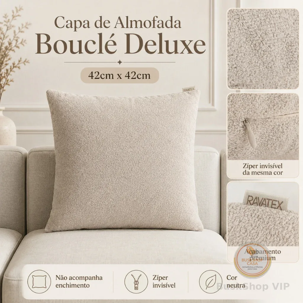 Capa de Almofada Bouclé Deluxe com Zíper Invisível 42cm x 42cm Toque Extra Macio